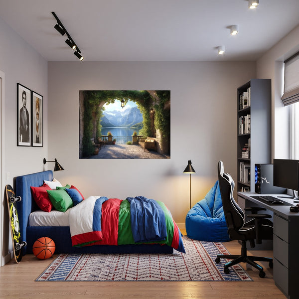 Poster Wandbild Idyllische Berglandschaft fuer Jugendzimmer warmeFarben Querformat