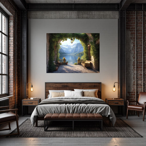 Poster Wandbild Idyllische Berglandschaft fuer Schlafzimmer dunkelanthrazit Querformat