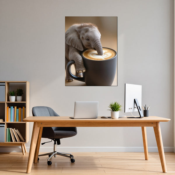Poster Wandbild Kaffeegenuss mit Elefant B-00016 fuer Buero und Arbeitszimmer warmeFarben Hochformat