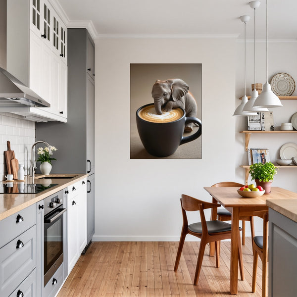 Poster Wandbild Kaffeegenuss mit Elefant fuer Kueche und Esszimmer grauoderbeige Hochformat
