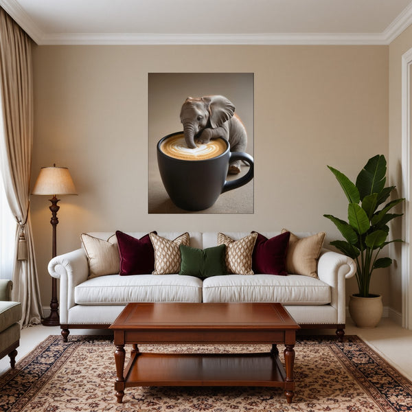 Poster Wandbild Kaffeegenuss mit Elefant fuer Wohnzimmer warmeFarben Hochformat