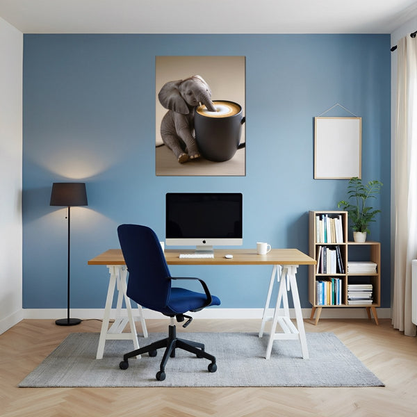 Poster Wandbild Kaffeegenuss mit einem kleinen Elefanten fuer Buero und Arbeitszimmer blau Hochformat