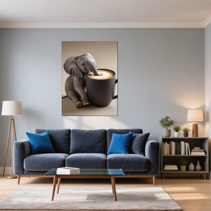 Poster Wandbild Kaffeegenuss mit einem kleinen Elefanten fuer Wohnzimmer blau Hochformat