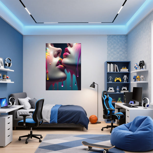 Poster Wandbild Kunst der Berührung fuer Jugendzimmer blau Hochformat