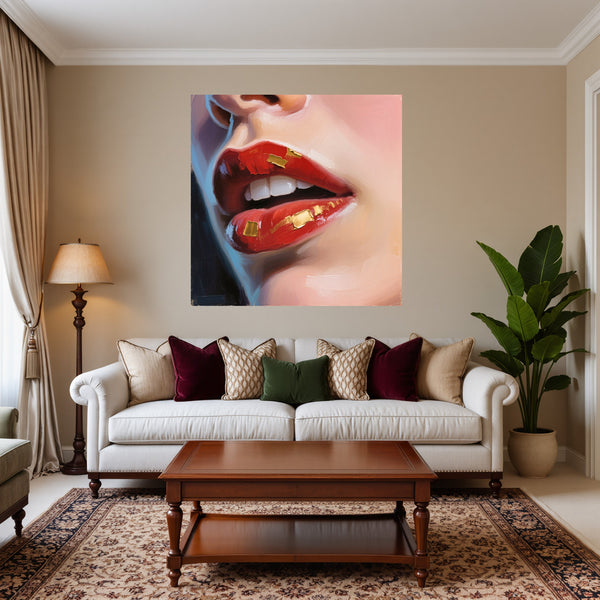 Poster Wandbild Kunstvolle Lippen fuer Wohnzimmer warmeFarben Quadrat