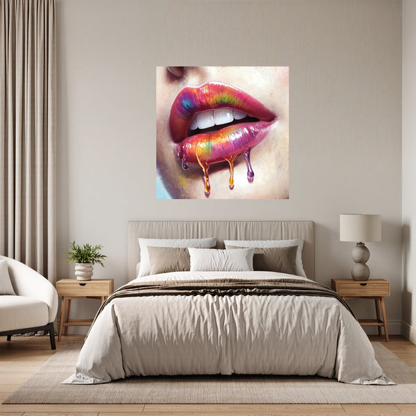 Poster Wandbild Lebendige Lippen mit Farbträumen fuer Schlafzimmer grauoderbeige Quadrat