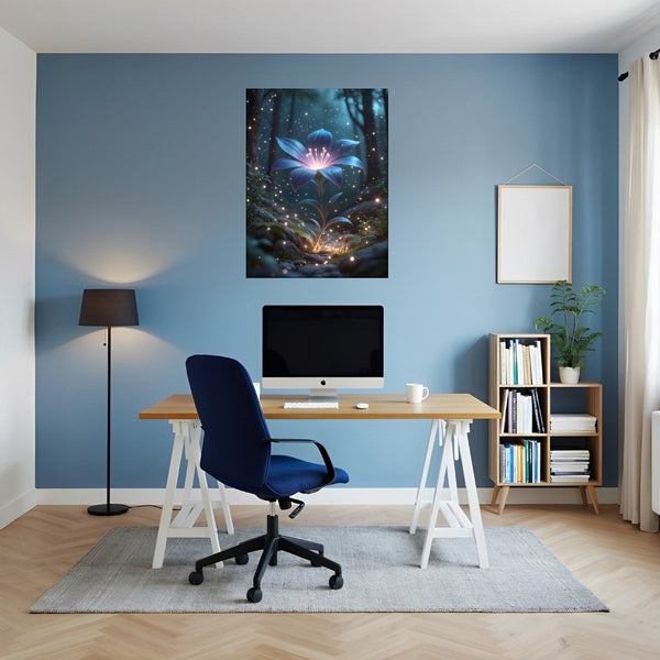 Poster Wandbild Leuchtende Blüte im Wald fuer Buero und Arbeitszimmer blau Hochformat
