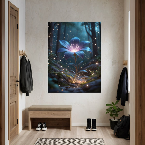 Poster Wandbild Leuchtende Blüte im Wald fuer Flur und Eingang grauoderbeige Hochformat