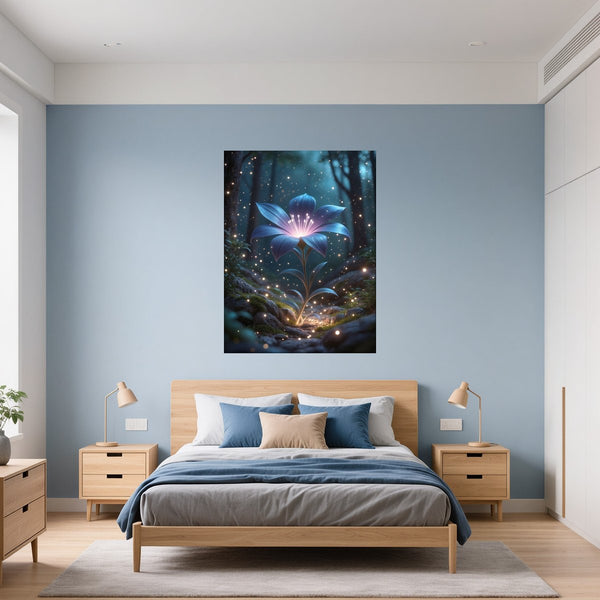 Poster Wandbild Leuchtende Blüte im Wald fuer Schlafzimmer blau Hochformat