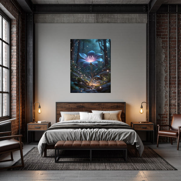 Poster Wandbild Leuchtende Blüte im Wald fuer Schlafzimmer dunkelanthrazit Hochformat