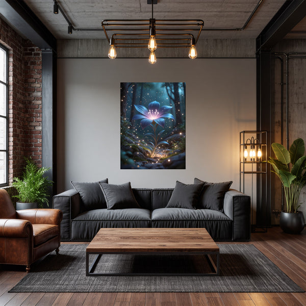 Poster Wandbild Leuchtende Blüte im Wald fuer Wohnzimmer dunkelanthrazit Hochformat
