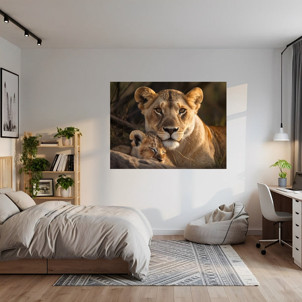 Poster Wandbild Löwenmutter mit Jungtier fuer Jugendzimmer grauoderbeige Querformat