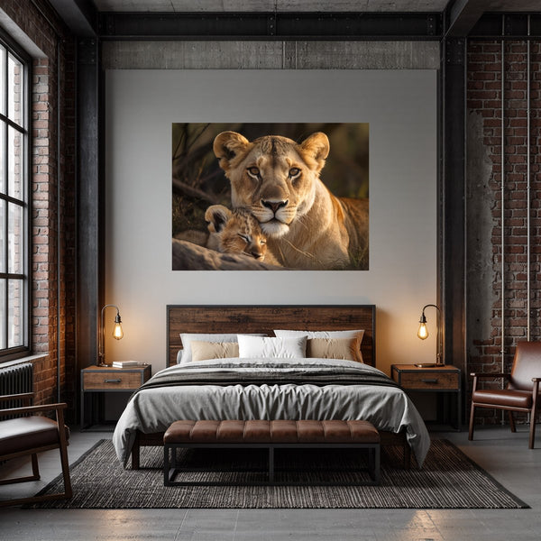 Poster Wandbild Löwenmutter mit Jungtier fuer Schlafzimmer dunkelanthrazit Querformat