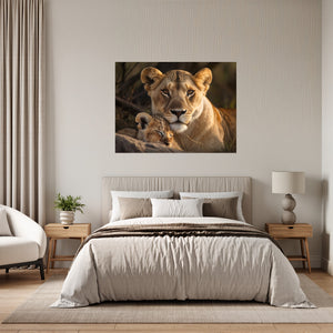 Poster Wandbild Löwenmutter mit Jungtier fuer Schlafzimmer grauoderbeige Querformat