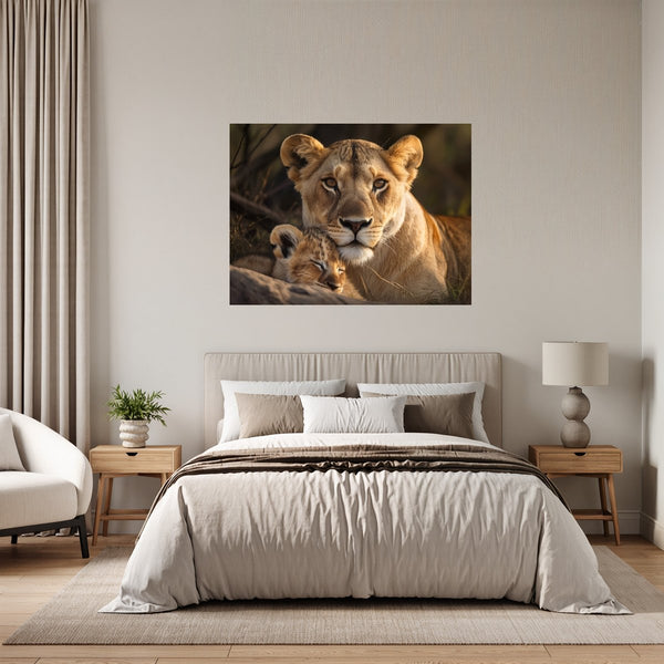 Poster Wandbild Löwenmutter mit Jungtier fuer Schlafzimmer grauoderbeige Querformat