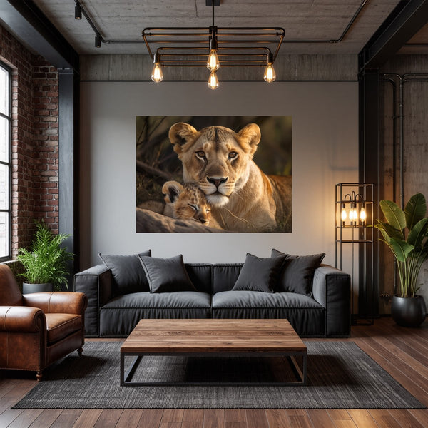Poster Wandbild Löwenmutter mit Jungtier fuer Wohnzimmer dunkelanthrazit Querformat