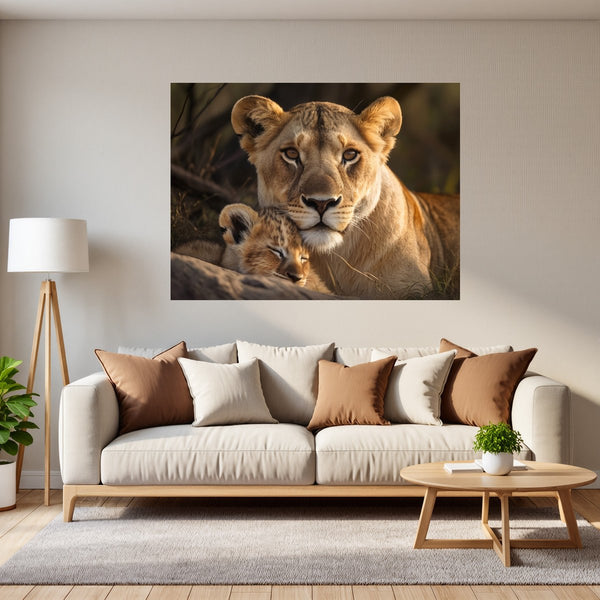 Poster Wandbild Löwenmutter mit Jungtier fuer Wohnzimmer grauoderbeige Querformat