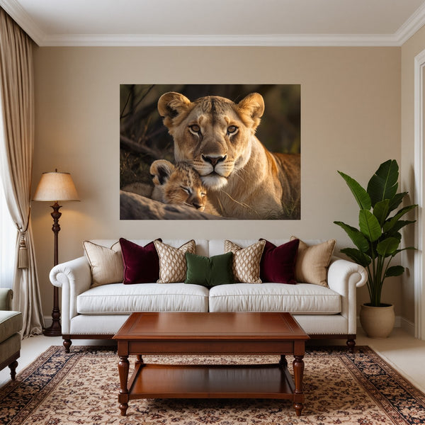 Poster Wandbild Löwenmutter mit Jungtier fuer Wohnzimmer warmeFarben Querformat