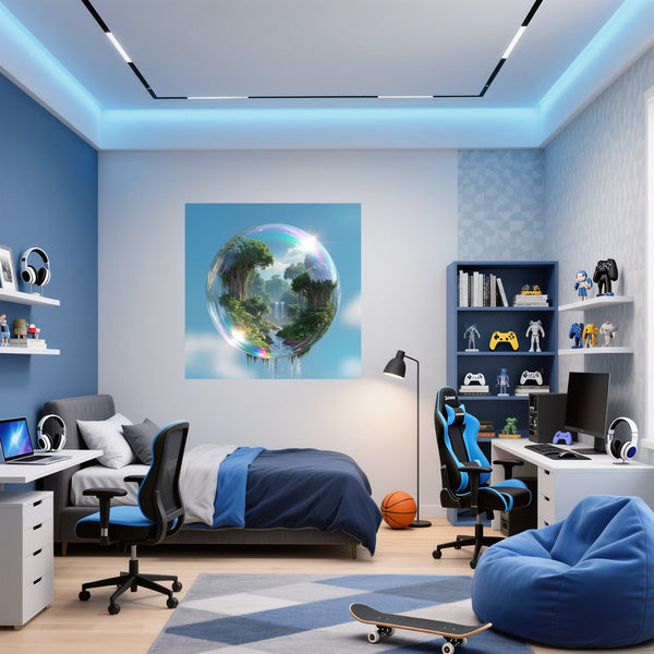 Poster Wandbild Magische Natur in einer Seifenblase fuer Jugendzimmer blau Quadrat