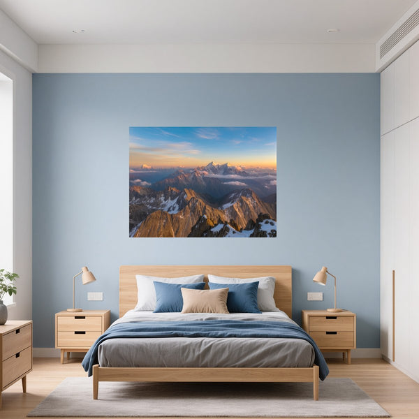Poster Wandbild Majestätische Berglandschaft fuer Schlafzimmer blau Querformat