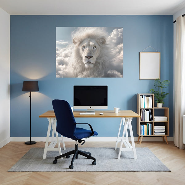 Poster Wandbild Majestätischer Löwe im Himmel fuer Büro- und Arbeitszimmer blau Querformat