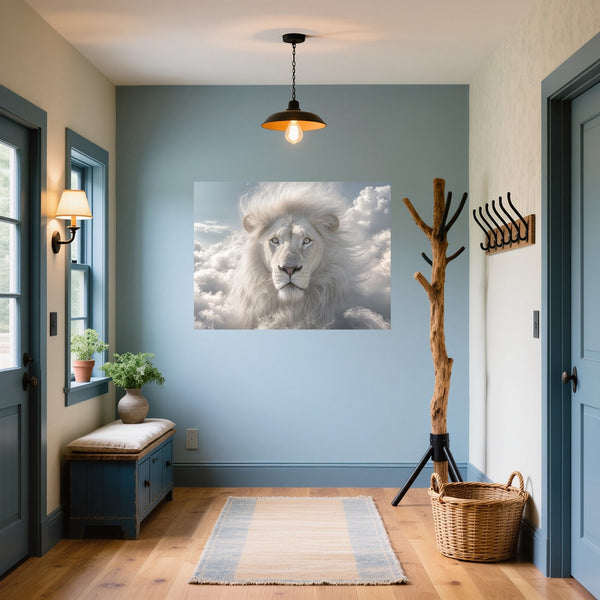 Poster Wandbild Majestätischer Löwe im Himmel fuer Flur und Eingang blau Querformat