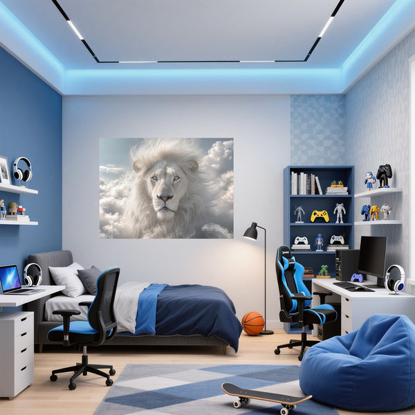 Poster Wandbild Majestätischer Löwe im Himmel fuer Jugendzimmer blau Querformat