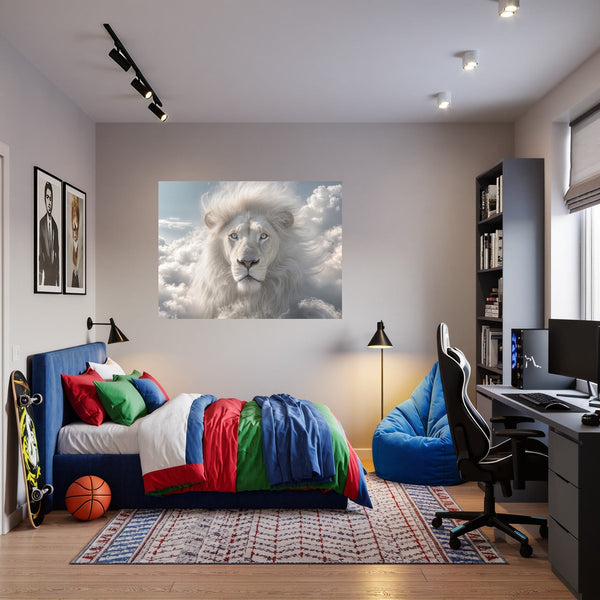 Poster Wandbild Majestätischer Löwe im Himmel fuer Jugendzimmer warmeFarben Querformat