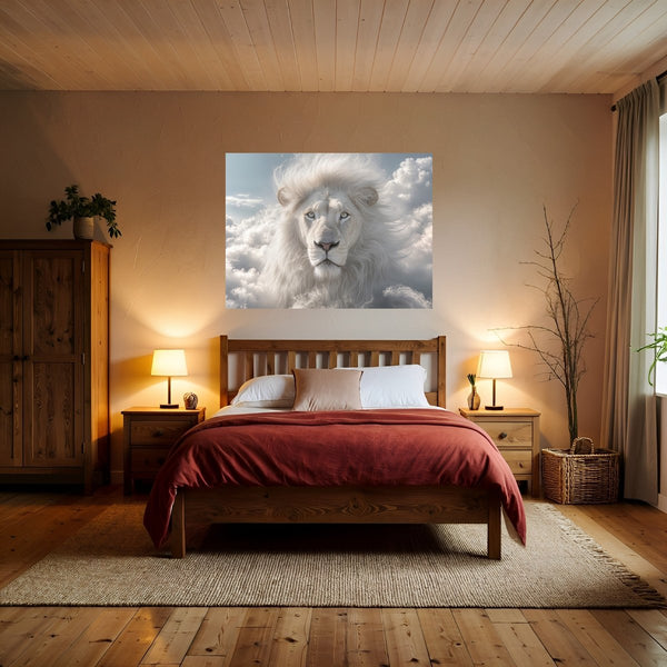 Poster Wandbild Majestätischer Löwe im Himmel fuer Schlafzimmer warmeFarben Querformat