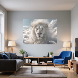 Poster Wandbild Majestätischer Löwe im Himmel fuer Wohnzimmer blau Querformat