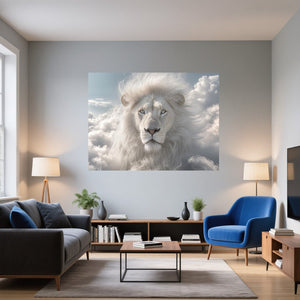 Poster Wandbild Majestätischer Löwe im Himmel fuer Wohnzimmer blau Querformat