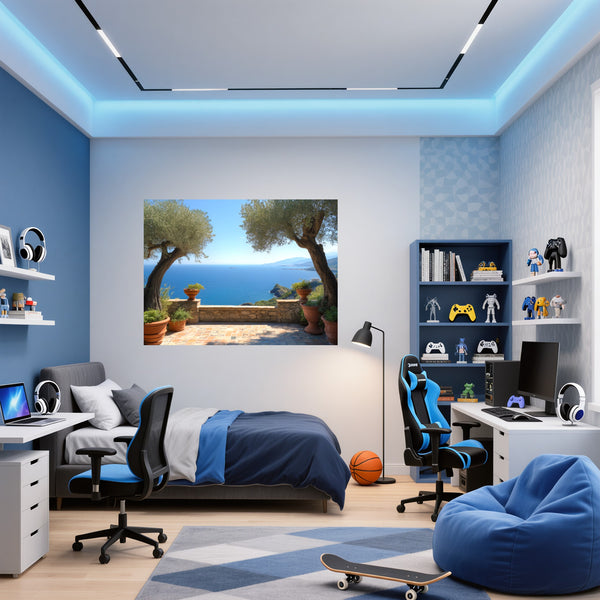 Poster Wandbild Mediterrane Aussicht fuer Jugendzimmer blau Querformat