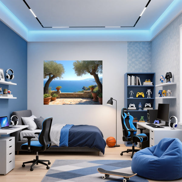 Poster Wandbild Mediterrane Aussicht fuer Jugendzimmer blau Querformat