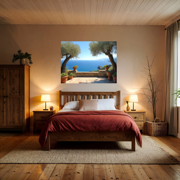 Poster Wandbild Mediterrane Aussicht fuer Schlafzimmer warmeFarben Querformat