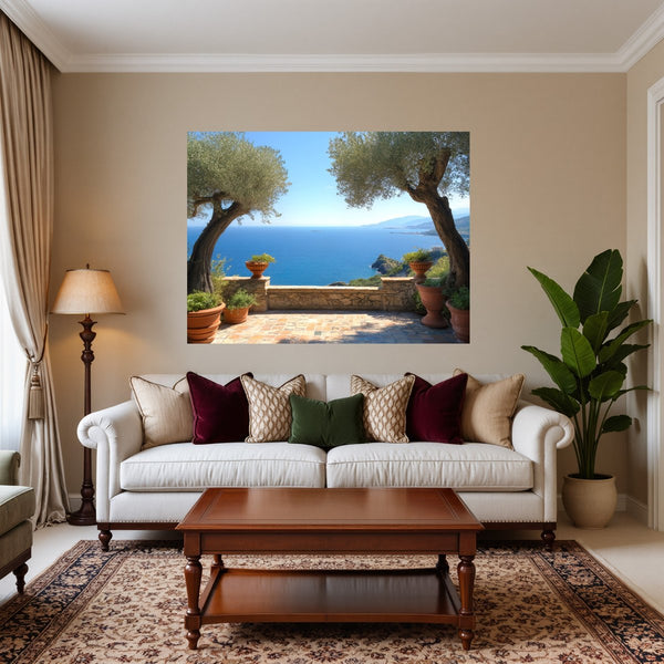 Poster Wandbild Mediterrane Aussicht fuer Wohnzimmer warmeFarben Querformat