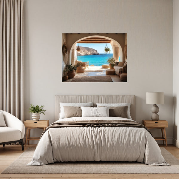 Poster Wandbild Mediterranes Paradies fuer Schlafzimmer grauoderbeige Querformat