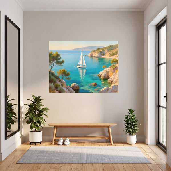 Poster Wandbild Mediterranes Segelabenteuer fuer Flur und Eingang grauoderbeige Querformat