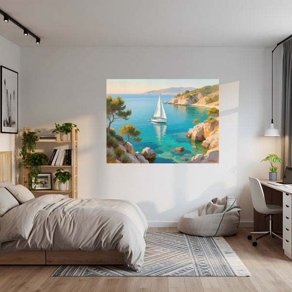 Poster Wandbild Mediterranes Segelabenteuer fuer Jugendzimmer grauoderbeige Querformat