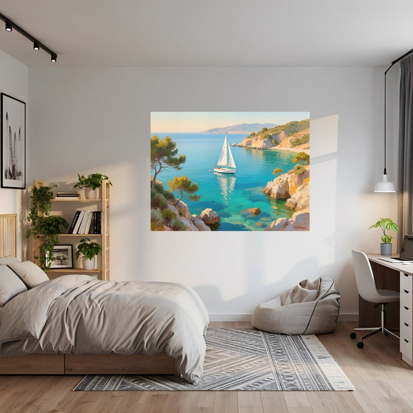 Poster Wandbild Mediterranes Segelabenteuer fuer Jugendzimmer grauoderbeige Querformat