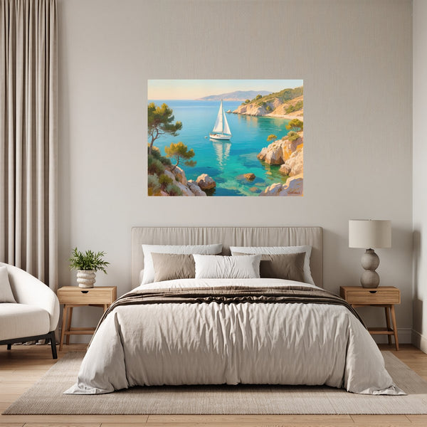 Poster Wandbild Mediterranes Segelabenteuer fuer Schlafzimmer grauoderbeige Querformat