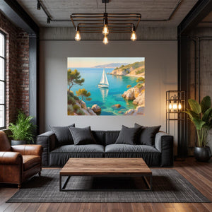 Poster Wandbild Mediterranes Segelabenteuer fuer Wohnzimmer dunkelanthrazit Querformat