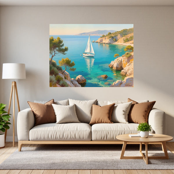 Poster Wandbild Mediterranes Segelabenteuer fuer Wohnzimmer grauoderbeige Querformat