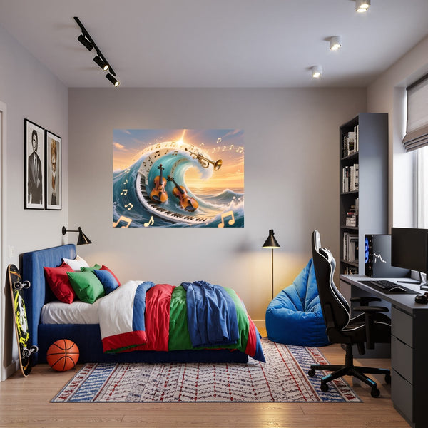 Poster Wandbild Musik und Wellen fuer Jugendzimmer warmeFarben Querformat