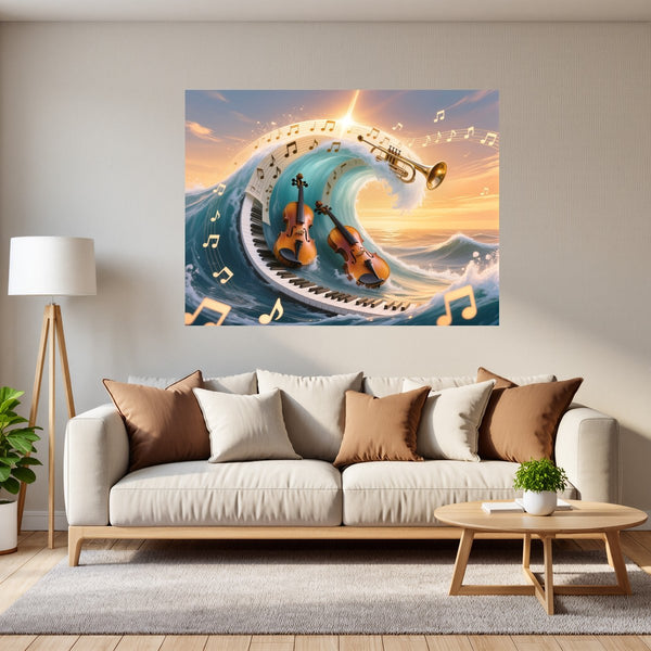 Poster Wandbild Musik und Wellen fuer Wohnzimmer grauoderbeige Querformat