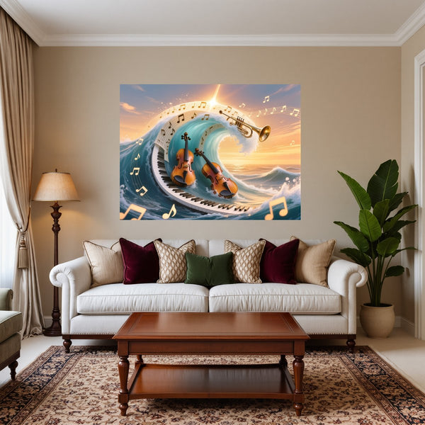 Poster Wandbild Musik und Wellen fuer Wohnzimmer warmeFarben Querformat
