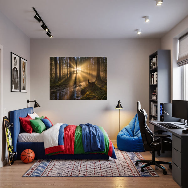 Poster Wandbild Mystischer Wald mit Sonnenstrahlen fuer Jugendzimmer warmeFarben Querformat