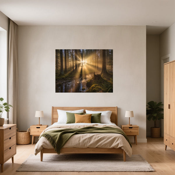 Poster Wandbild Mystischer Wald mit Sonnenstrahlen fuer Schlafzimmer gruen Querformat