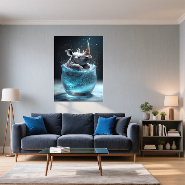 Poster Wandbild Rhinoliebe im Glas fuer Wohnzimmer blau Hochformat