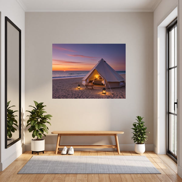 Poster Wandbild Romantisches Strandzelt bei Sonnenuntergang B-00019 fuer Flur und Eingang grauoderbeige Querformat