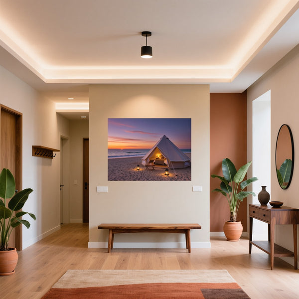Poster Wandbild Romantisches Strandzelt bei Sonnenuntergang B-00019 fuer Flur und Eingang warmeFarben Querformat